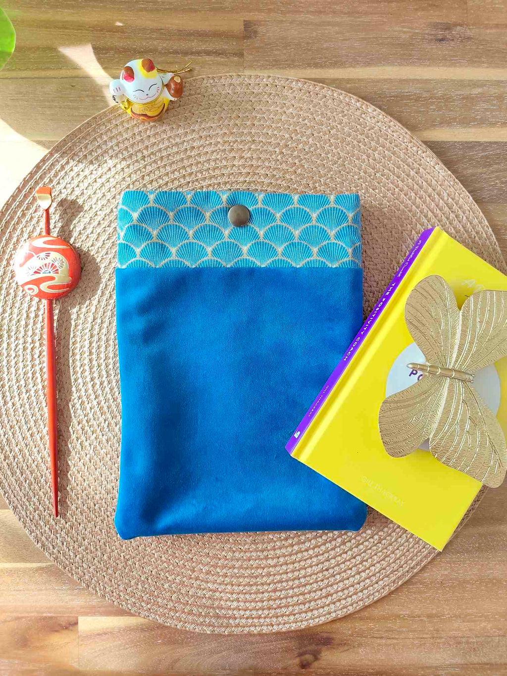 Des Mots dans du Velours Pochettes livre à bouton PRESSION Velours Bleu artisanat france 