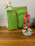 Pochette Livre Mots dans du Velours, protege livre bouton pressions  artisanat francais marque page etui a lunette vert cerise